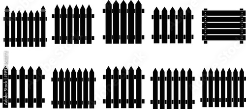 wooden picket fence silhouettes set, garden barrier and backyard boundary icons, decorative outdoor fence collection vector illustration