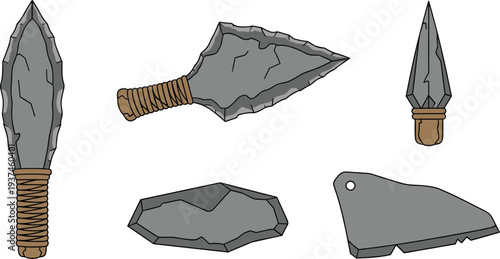 Stone Age Tools and Arrowheads Set Primitive Flint Spearheads and Scraper Vector Illustration