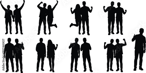 people silhouette set standing posing gesturing friends group human figure collection isolated vector illustration black shadow characters