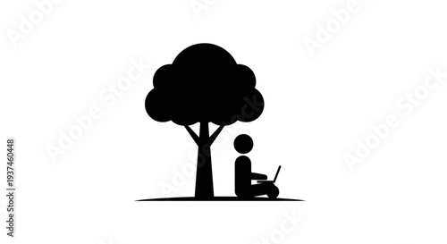 Person Sitting Under Tree Using Laptop.