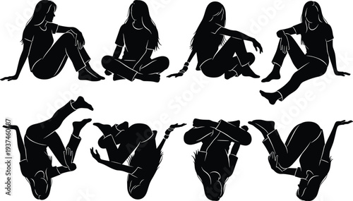 Female sitting silhouettes collection showing relaxed poses, casual lifestyle expressions and modern fashion attitudes, isolated on white background for design, yoga, meditation and people concepts