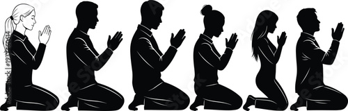 Praying people silhouettes kneeling in line, men and women worshiping together, spiritual devotion, faith concept, meditation, religion, isolated on white background illustration