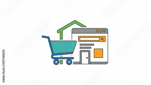 Shopping cart on computer screen icon.