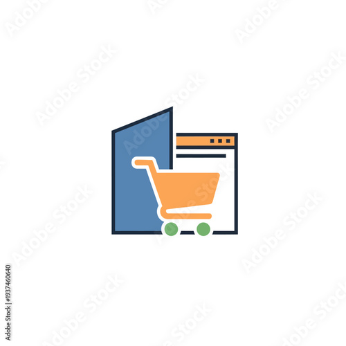 Shopping cart on computer screen icon.
