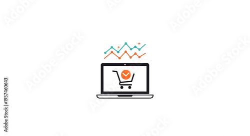 Shopping cart on laptop screen icon.