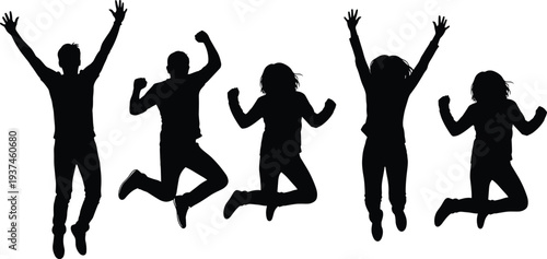 Group of jumping people silhouettes celebrating success, freedom and happiness, energetic youth poses isolated on white background for lifestyle, teamwork and motivation concepts