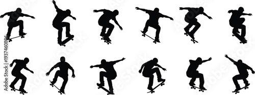 Skateboarder silhouette sequence performing jumps and tricks, dynamic street skateboarding action poses isolated on white background, extreme sports motion concept
