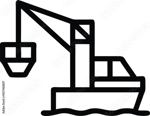 Industrial ship with large crane and bucket performing marine operations