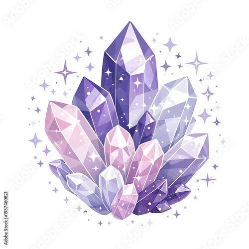 Watercolor Purple Crystal Cluster with Sparkles on White Background