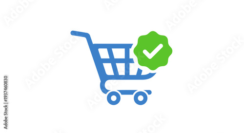 Shopping Cart with Green Checkmark Icon.