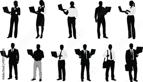 Business people silhouette collection showing men and women professionals using laptops, modern corporate teamwork, digital office work, technology and professional lifestyle isolated on white 