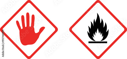 Hazard warning symbols set, flammable material and stop hand sign, chemical safety label icons, dangerous goods caution illustration