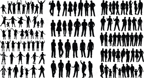 People silhouette collection showing men, women and children in various poses, family, crowd and social interaction scenes, human diversity and lifestyle concepts isolated on white background