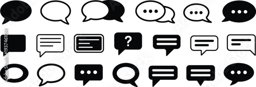 Speech bubble icon set with chat and message symbols, communication dialog elements for social media, messaging apps, customer support and user interface design isolated on white background