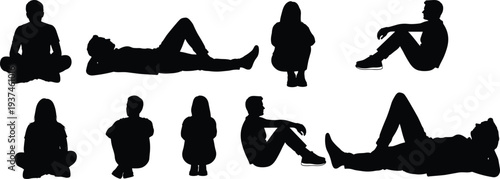 people sitting relaxing silhouette set human resting poses collection isolated vector illustration lifestyle calm characters