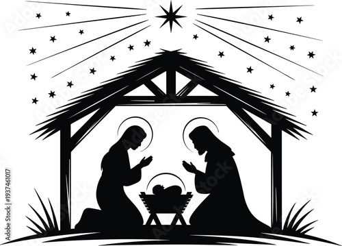 Nativity scene silhouette showing Mary and Joseph worshipping baby Jesus in manger, holy family under Bethlehem star, Christmas faith and religious celebration illustration