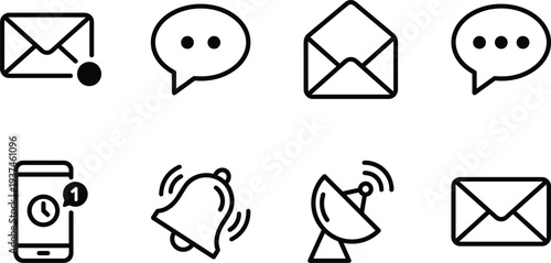 Communication icon set with email, message, notification and alert symbols, modern line interface elements for mobile apps, social media, messaging 