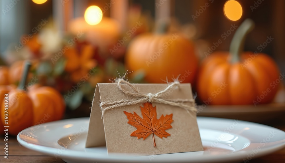Fototapeta premium Table setting for Thanksgiving dinner features place card with autumn leaf. Pumpkins and candles create cozy warm atmosphere for holiday feast, harvest gathering.