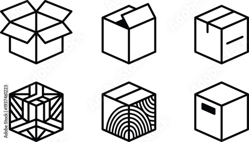 Box and package icon set showing open, closed and shipping boxes in minimal outline style for logistics, delivery, ecommerce, warehouse and user interface design