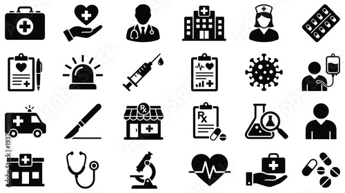 Medical icons set including hospital doctor ambulance and pharmacy art