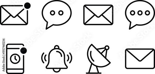 Notification and communication icon set with email, chat bubble, alert bell, satellite signal and smartphone symbols for user interface, mobile apps and web design