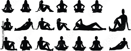 people sitting silhouette set meditation yoga relaxing poses human figure collection isolated vector illustration lifestyle characters