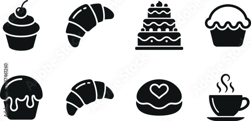 Dessert and bakery icon set featuring cupcakes croissants cakes pastries coffee symbols in bold black silhouette style for cafe menu food app and ui design