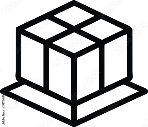Isometric outline icon of a simple three dimensional cube resting on a flat surface