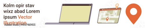 Navigation systems, digital mapping, location tracking, online directions, GPS technology, geolocation tools. Laptop, map interface and location pin illustration. Navigation systems and digital