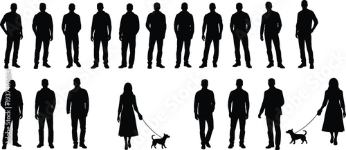 people standing walking silhouette set men woman with dog human figure collection isolated vector illustration urban lifestyle