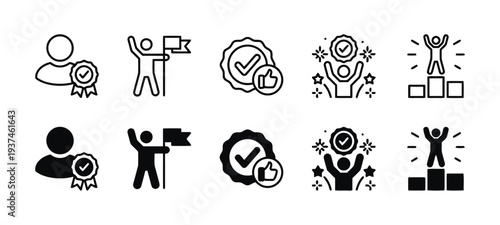 Achievement icons set person with medal winning podium and award for success