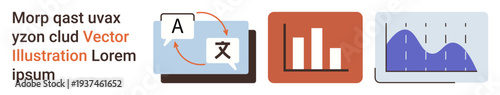 Language services, data analysis, business trends, translation tools, educational materials, communication advancement. Symbols of translation, bar graphs and line charts. Language services and data