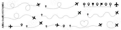 Airplane flight paths with dotted lines connecting locations, travel concept