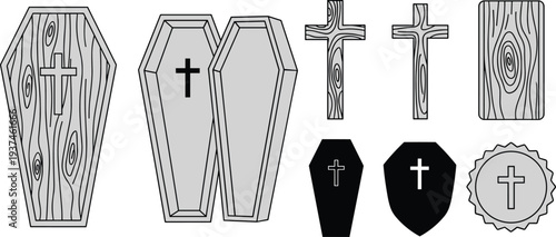Wooden Coffin and Burial Cross Set Featuring Graveyard Symbols and Funeral Casket Silhouettes for Halloween and Gothic Memorial Design.
