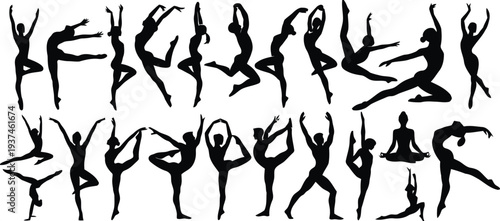 Array of elegant ballet dancer poses captured in striking black silhouettes against white background