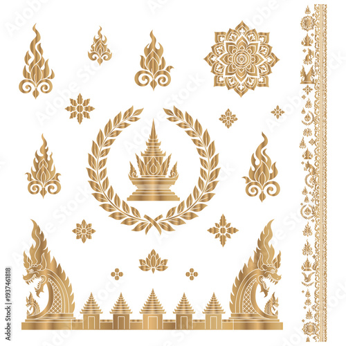 Golden traditional thai patterns and architectural decorative elements
