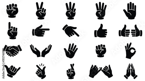 Black hand gestures icons set showing various finger signs and poses