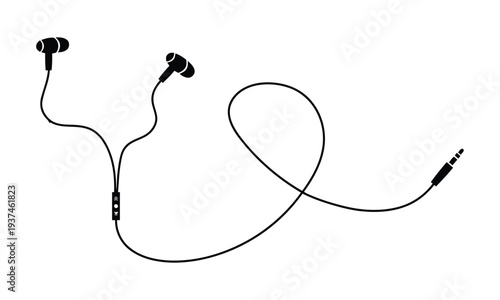 Black wired earbuds with a coiled cord and audio jack connector