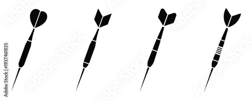 Black dart arrows collection showing different flight shapes and barrel designs for competitive sports