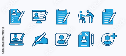 Blue icons for registration, application, and interviews