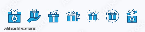 Blue gift box icons set for presents surprise and celebration with ribbon