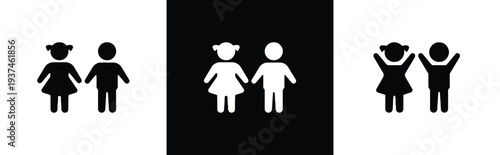 Boy and girl icons representing children and family in different styles on white and black