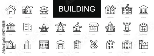 Building icons set for architectural styles, house types, and urban structures