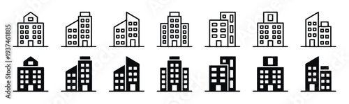 Building icons set of twelve different styles architecture and real estate concepts