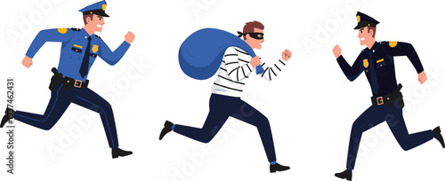 Police chasing thief running robbery crime action characters cad drawing flat vector illustration set