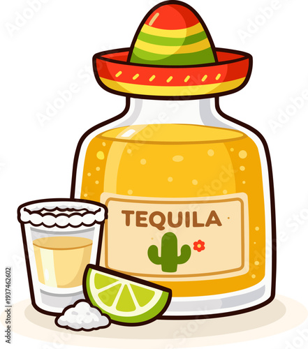 A cute tequila bottle with a sombrero and shot glass, accompanied by lime and salt. Perfect for Mexican parties, cocktail recipes, and bar promotions.