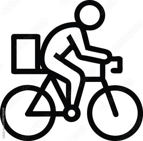 Minimalist black outline icon representing a delivery person riding a bicycle with a box