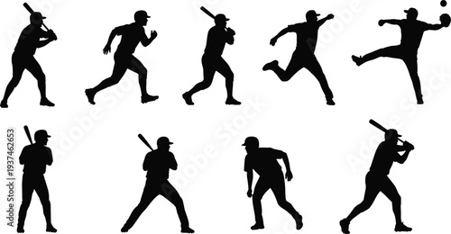 Baseball Player Silhouettes Set featuring Batter Hitting, Pitcher Throwing, Runner Sprinting, and Catcher Action Poses for Sports Design and Graphic Illustrations