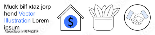 Financial planning, sustainable living, business agreements, investments, eco-conscious growth, partnerships. Dollar house, potted plant and handshake icon. Financial planning and sustainable living