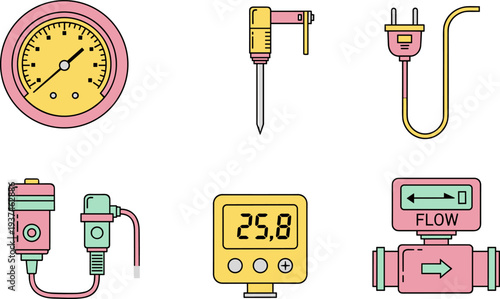 Industrial measurement vector icon set, pressure gauge flow meter sensor plug drill illustration equipment collection symbols pack